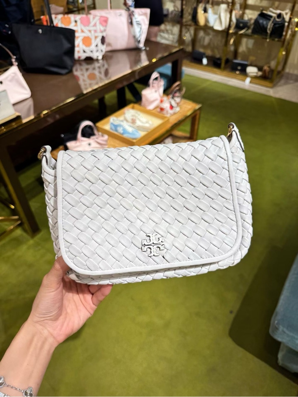 Tory Burch Thea Woven Leather Flap Crossbody in White NWT